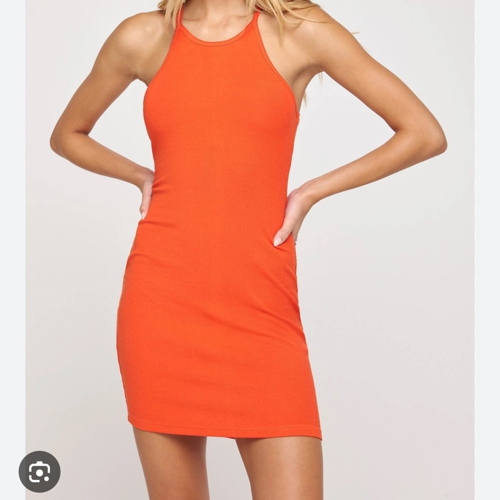 Spiritual Gangster Vibrant Orange remi rib Mini Dress S built in shelf bra